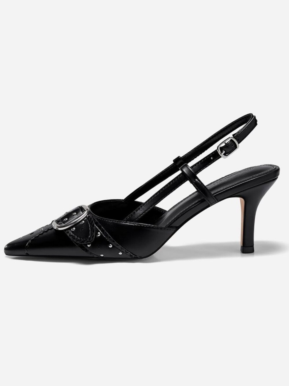 Coutgo Women's Black Close Pointed Toe Slingback Buckle Ankle Strap Heels Shoes - Picture 4 of 6